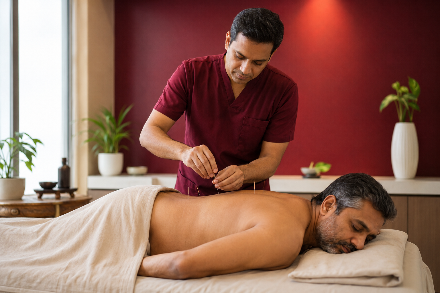 Indian patient receiving acupuncture-led treatment for back pain