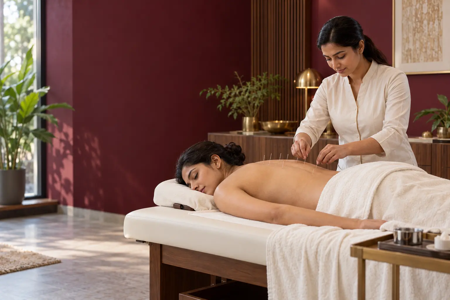 Indian patient receiving body acupuncture at Dr. Kataria Health