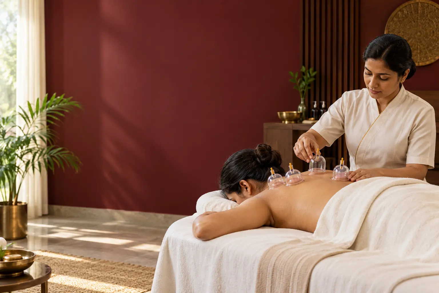 Indian patient receiving cupping therapy at Dr. Kataria Health