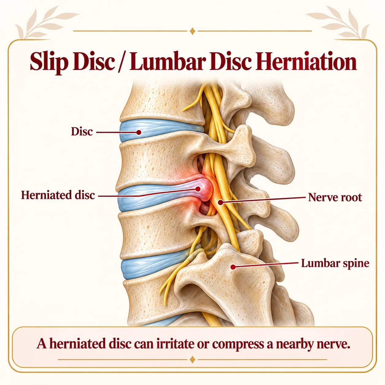 Illustration showing a lumbar disc herniation irritating a nearby nerve root