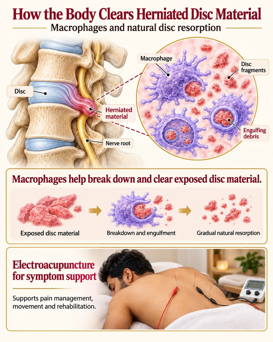 Illustration explaining macrophage involvement in natural resorption of exposed disc material