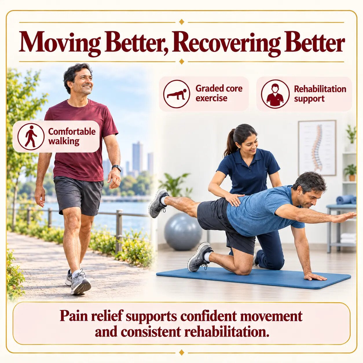 Indian patients walking and performing graded rehabilitation exercises