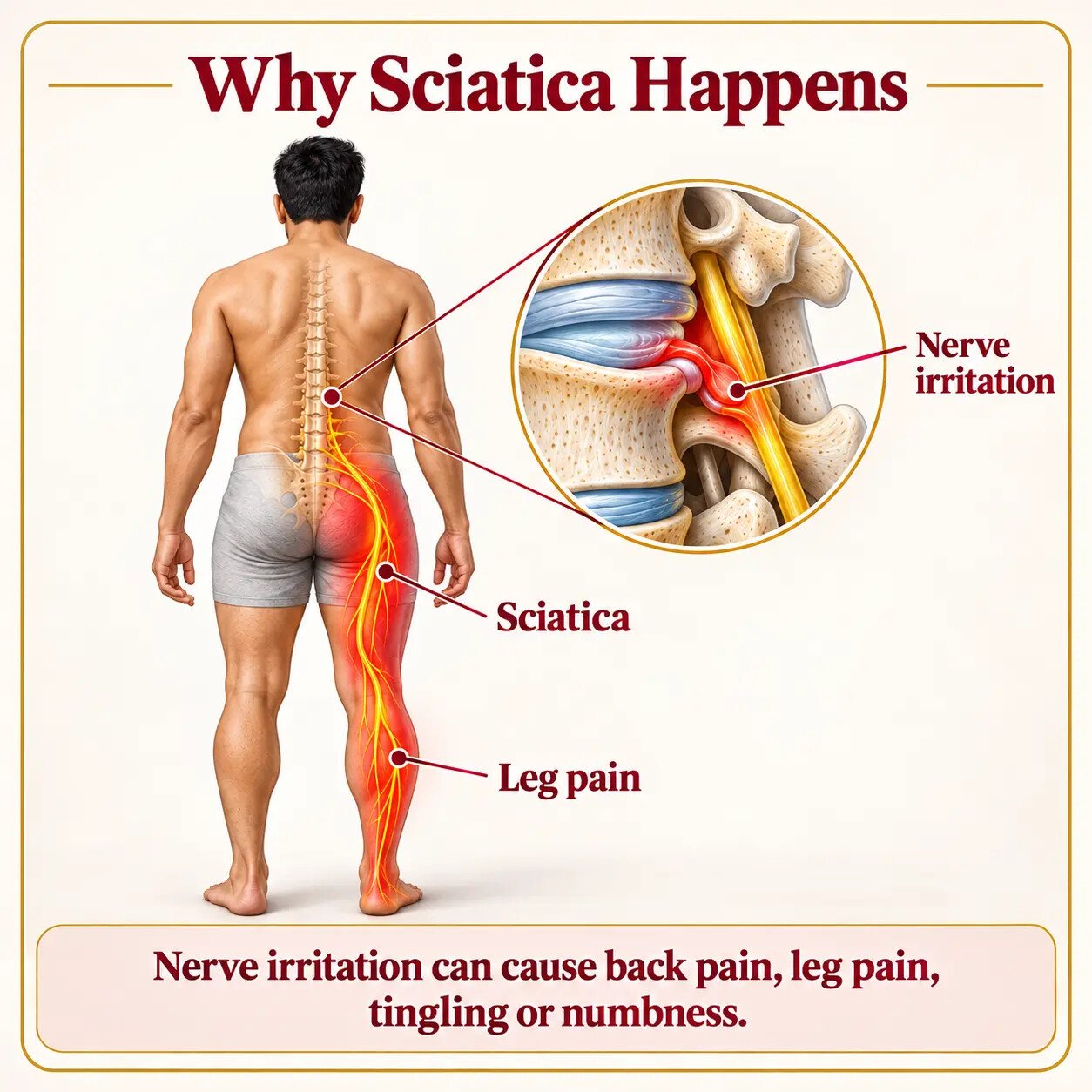 Illustration of sciatic nerve irritation causing back and leg symptoms