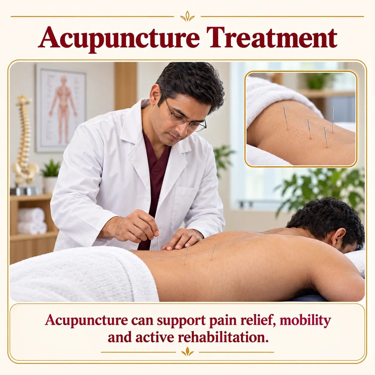 Patient receiving acupuncture as part of conservative disc bulge care