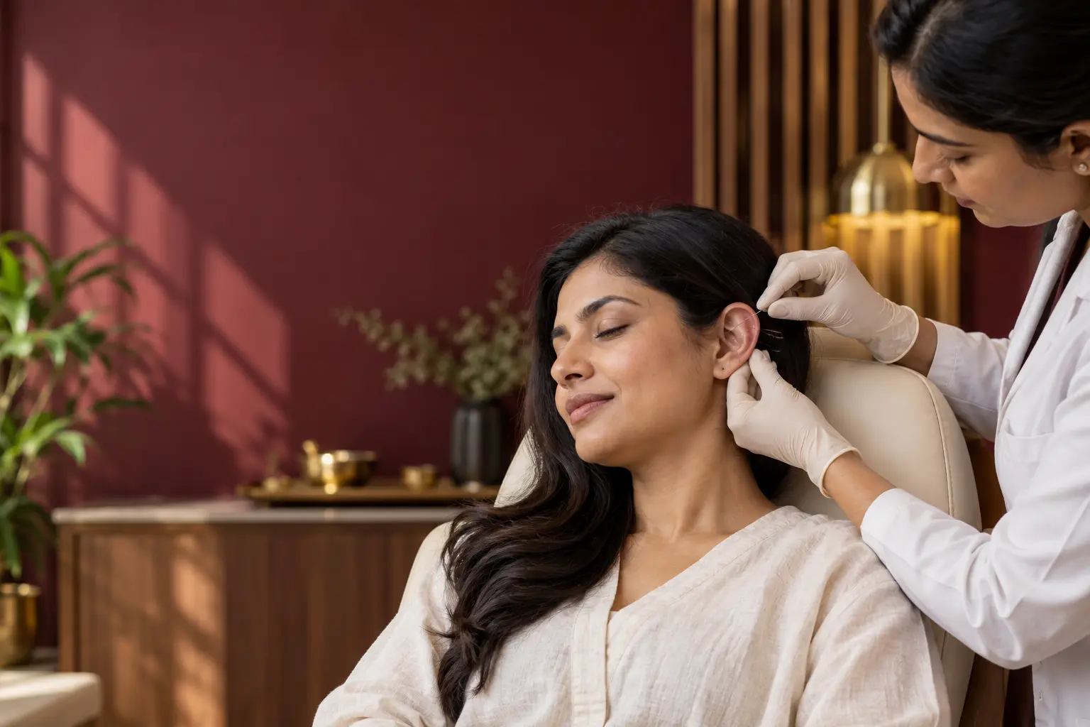 Indian patient receiving ear acupuncture at Dr. Kataria Health