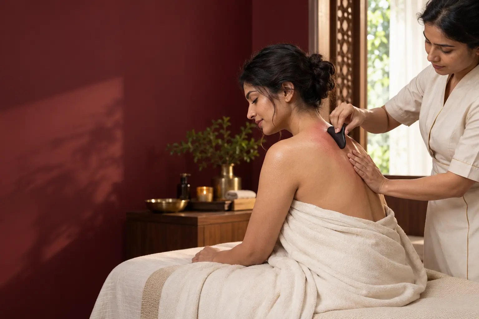 Indian patient receiving gua sha at Dr. Kataria Health
