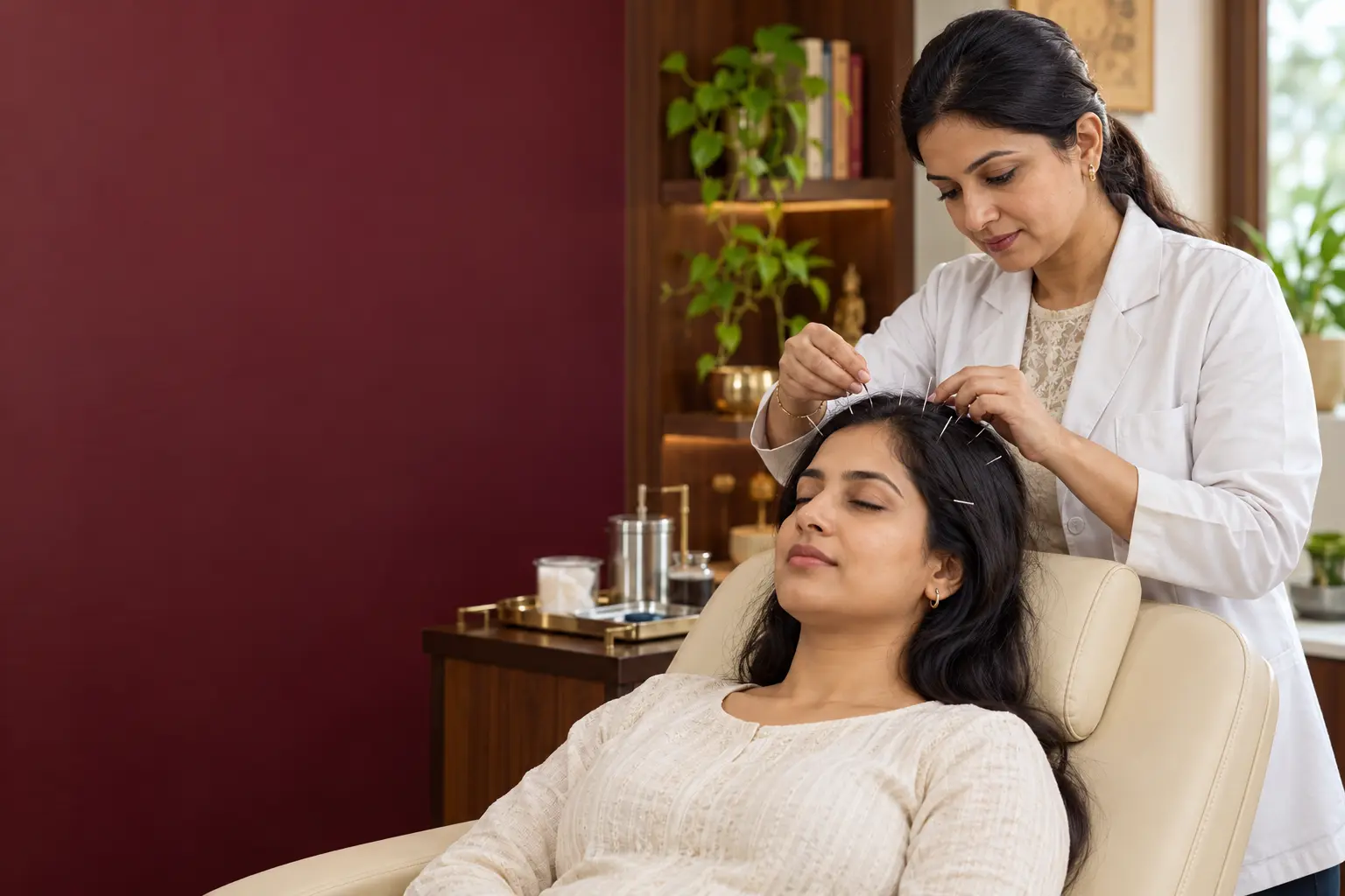Indian patient receiving scalp acupuncture at Dr. Kataria Health