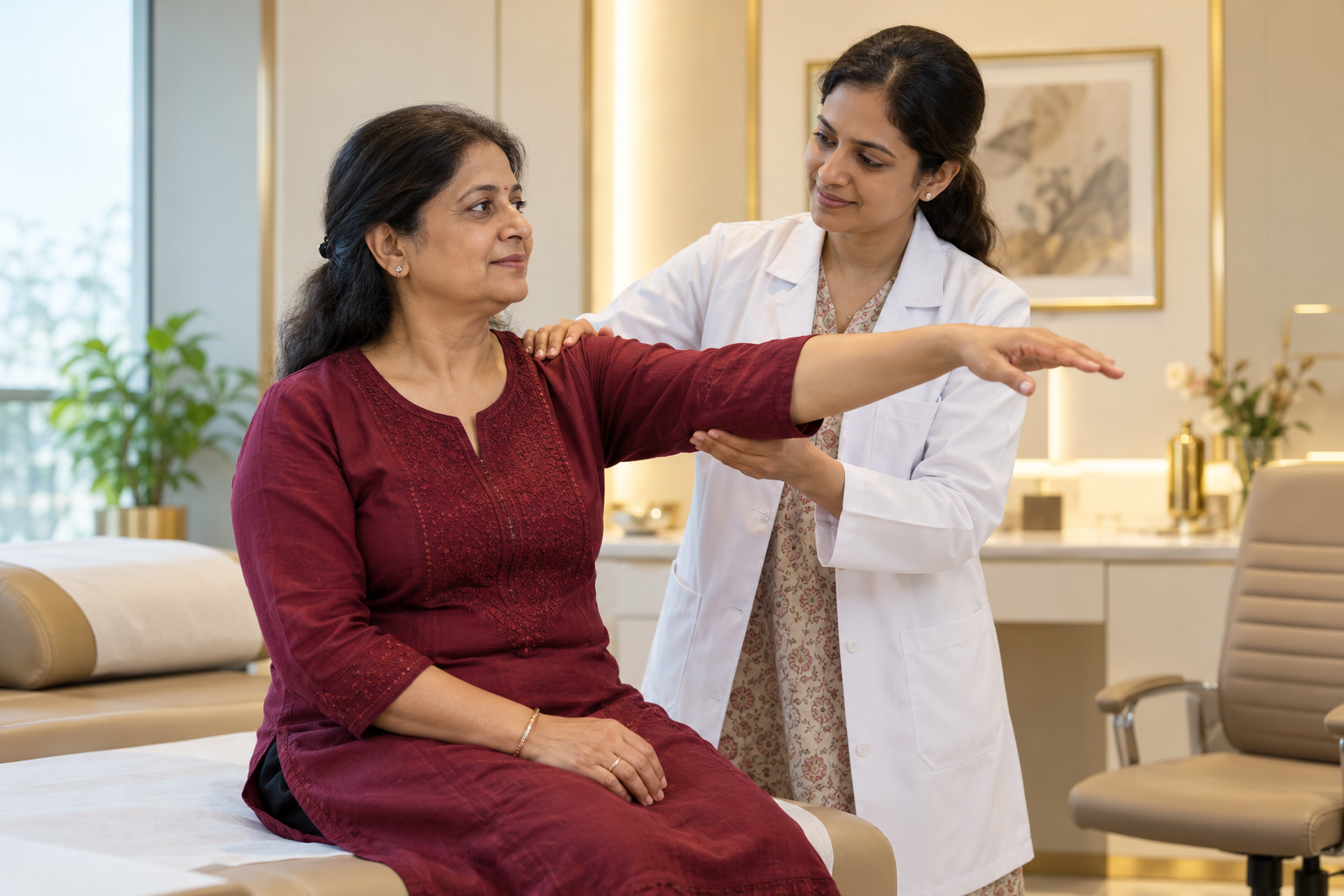 Clinician assessing a woman's shoulder movement during a gentle mobility exam