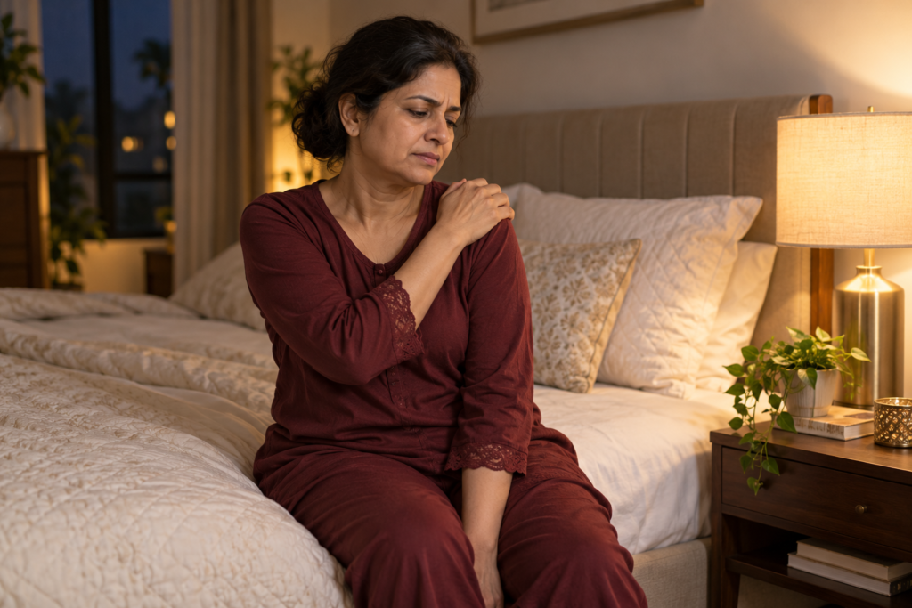 Woman sitting on a bed and holding her shoulder as night pain disrupts rest