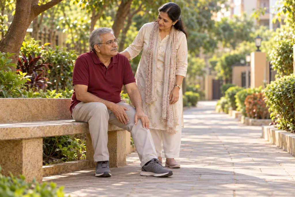Older Indian man resting on a bench beside a walking path with a family member nearby.