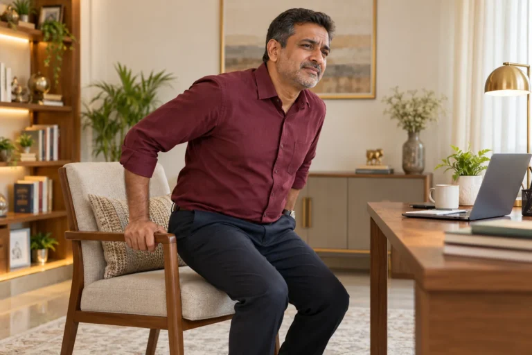 Indian man carefully rising from a chair, illustrating discomfort associated with sitting.